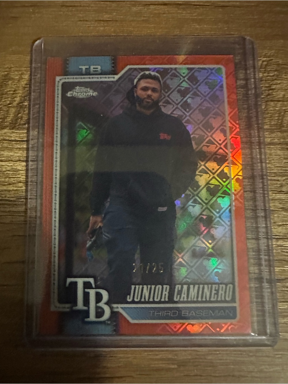Topps Chrome Junior Caminero Red Holographic Rays Card